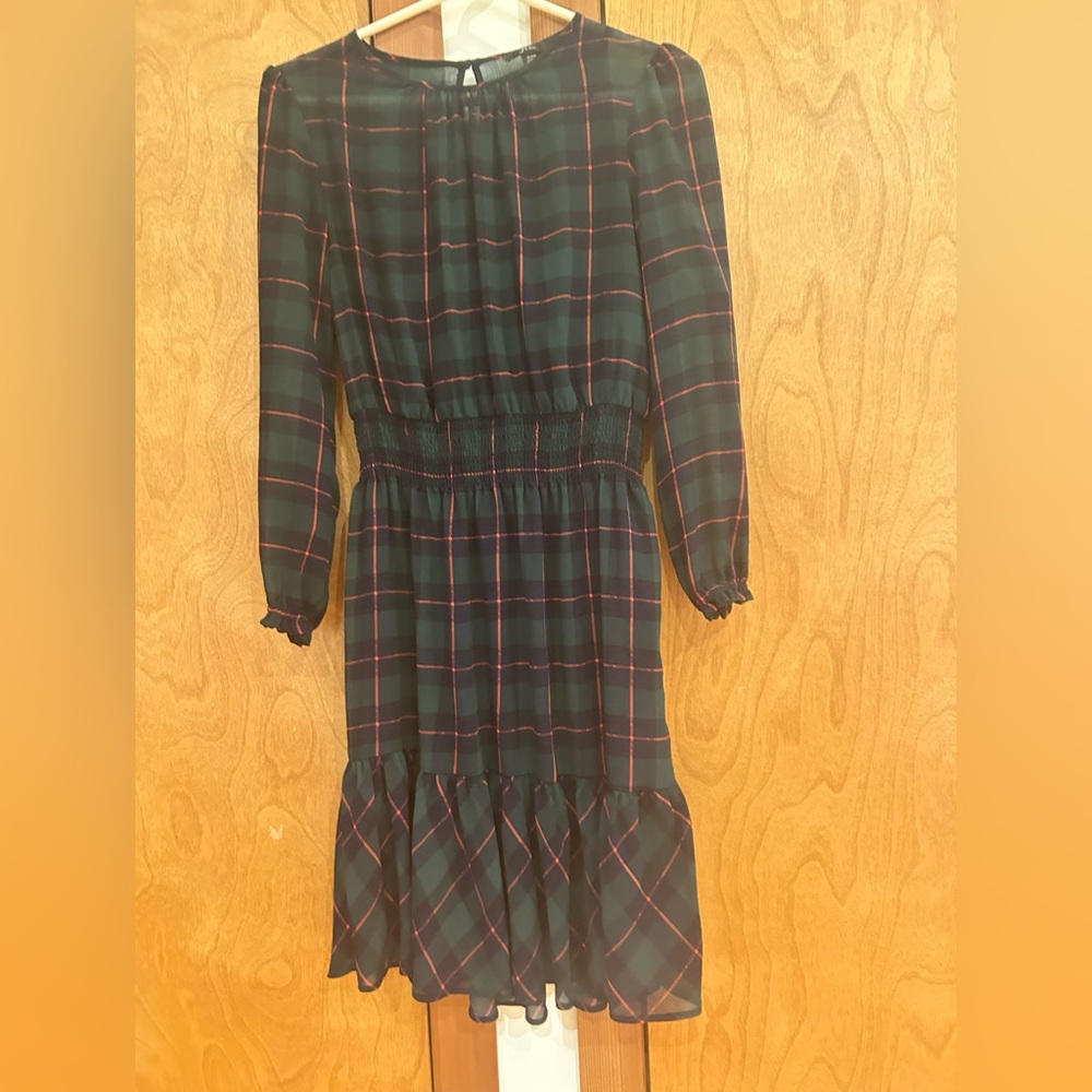 J. Crew Green and Red Plaid Midi Dress